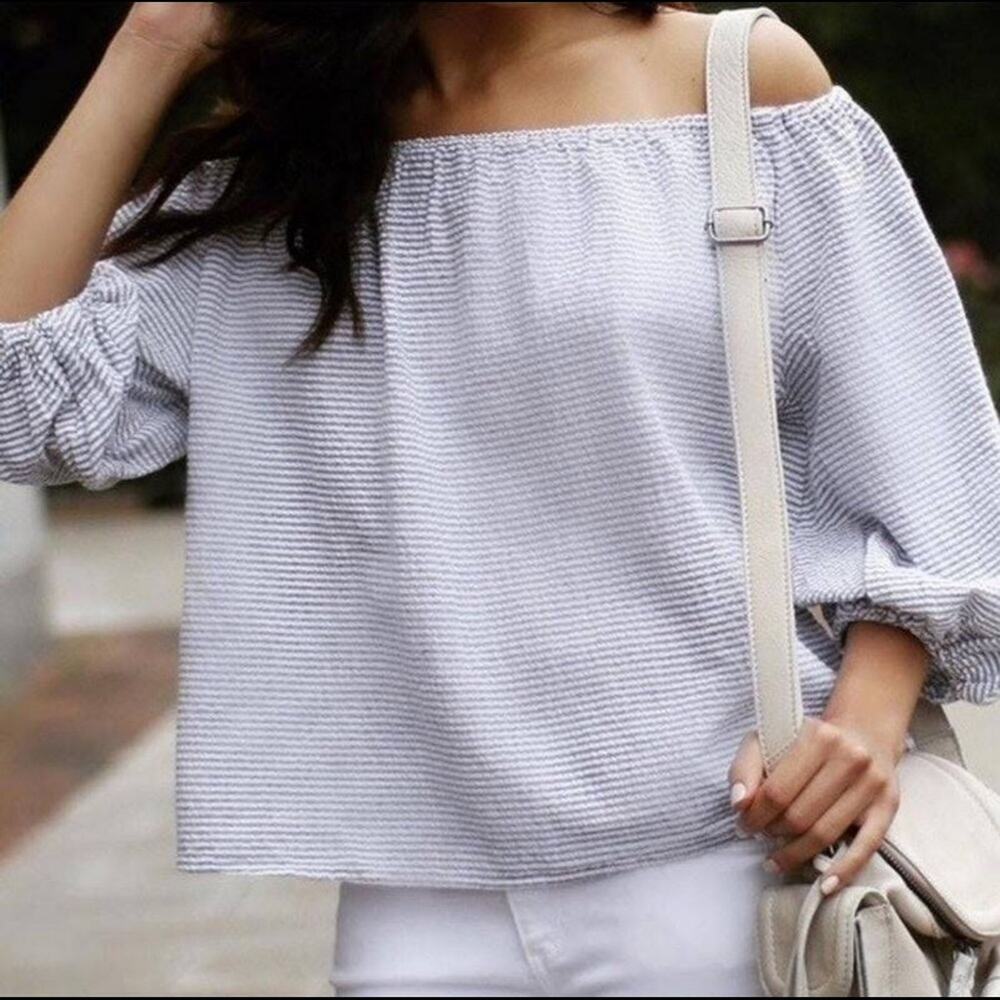 MAEVE Bretta Seersucker Stripe On or Off Shoulder Top Anthropologie